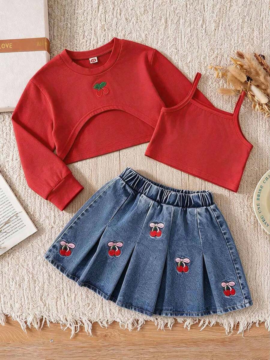 Girls' Front Short Back Long Cherry Embroidered Cover-Up, Minimalist Matching Color Camisole And Pleated Cherry Embroidered Fashion Denim Mini Skirt - Red - View 1