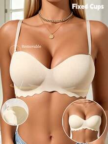 Women's Seamless Bandeau Bra, Push-Up Bra With Detachable Straps, Non-Slip Wireless Invisible Bra, Suitable For Weddings And Parties - Apricot - View 1