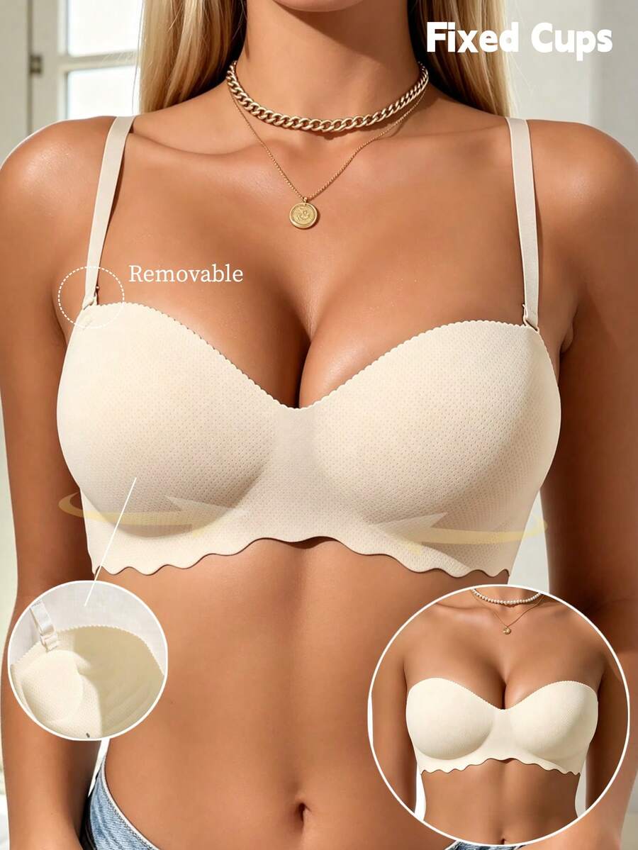 Women's Seamless Bandeau Bra, Push-Up Bra With Detachable Straps, Non-Slip Wireless Invisible Bra, Suitable For Weddings And Parties - Apricot - View 1