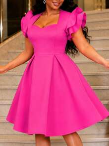 Women Elegant Charming Rose Red A-Line Dress With Ruffle Sleeves, Heart-Shaped Neckline,And A-Line Hem For Birthday Party, Weddings,And Formal Events - Hot Pink - View 6