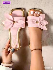 Women's Flat Square Toe Sandals, Bow Decor, Lightweight & Comfortable, Mix-And-Match, Slip-On, Casual Vacation Beach Slippers - Pink - View 2