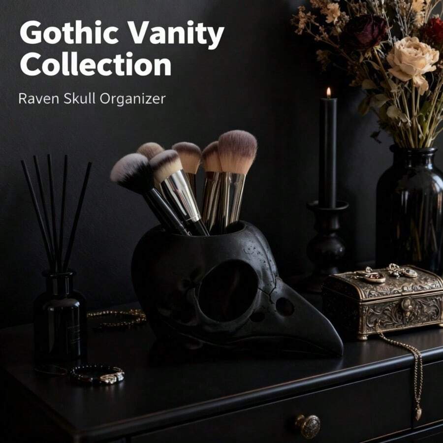 2pcs Gothic Raven Skull Makeup Brush Holder, Dark Witch Style Vanity Storage Box, Gothic Desktop Pen Holder, Halloween Home Decor, Dark Aesthetic Makeup Tool Storage Box, Suitable For Vanity Desk, Gothic Room Decor, Used For Storing Makeup Brushes, Pens And Stationery - View 1