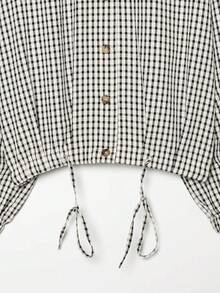 Women's Long Sleeve Stand Collar Adjustable Drawstring Hem Plaid Lightweight Jacket - Black and White - View 7
