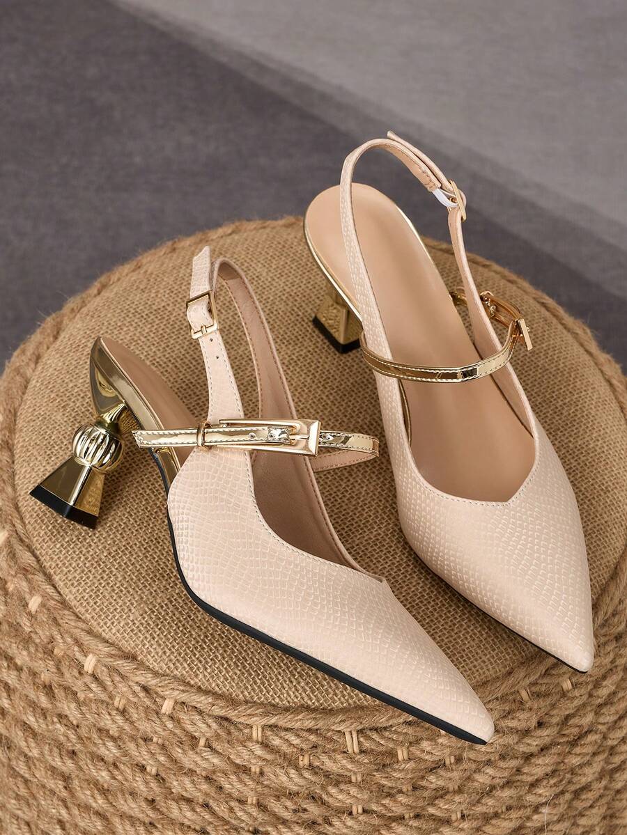 WHDXY Khaki Embossed Asymmetric Heel Pointed Toe Slingback Sandals, Commuter & Date High Heels - Khaki - View 1