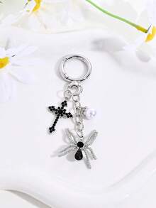 1pc Halloween Gothic Rhinestone Spider Bow Cross Faux Pearl Keychain, Backpack & Car Decoration, Couple Pendant, Party Gift - Multicolor - View 5