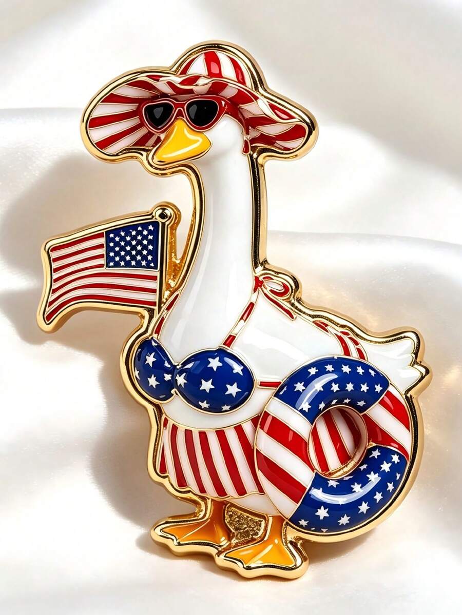 Vacation Style Striped Swimsuit Goose Brooch, Casual Beach Fashion Glasses Swim Ring Design, Versatile Lapel Accessory For Coat, Scarf, Backpack, Summer Fun Gift Item - Multicolor - View 1
