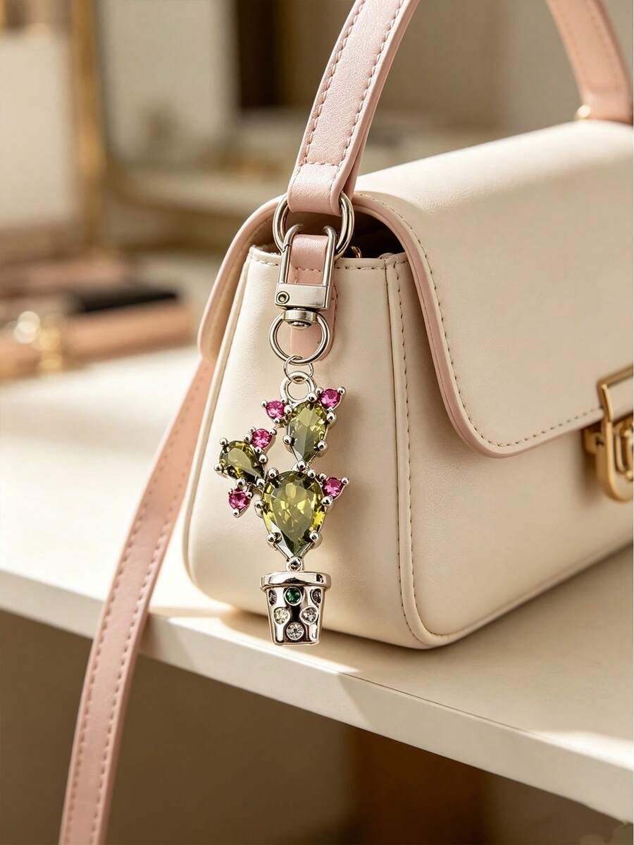 Exquisite Rhinestone Cactus Shaped Key Chain, Bag Charm, Metal Clasp Sturdy And Durable, Decorated With Colorful Rhinestone Details, Compact And Unique Design. Can Be Hung On Keys, Bags, Backpacks, Suitable For Young Women Who Like Niche Accessories, Daily Outings, Commuting Outfits, Suitable For Gifts And Personal Use, Adding A Fresh And Fashionable Atmosphere To Your Belongings. - Multicolor - View 1
