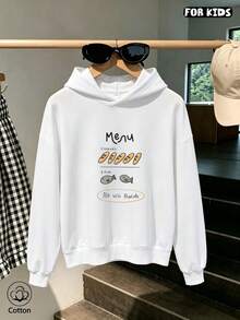 Children's Hooded Sweatshirt: Cute "Menu" With Bread And Fish Patterns, Soft And Breathable, Suitable For Daily Wear In Spring And Autumn - White - View 4