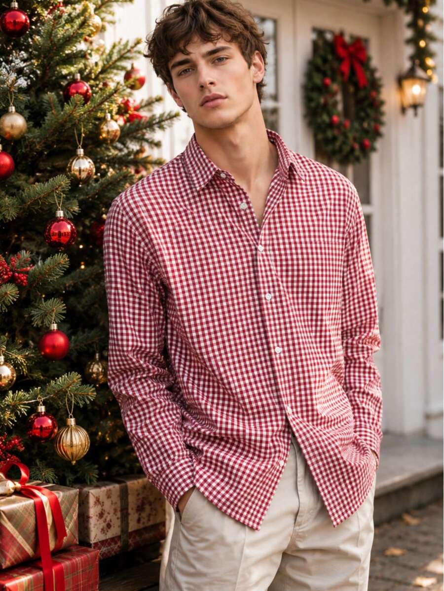Men's Cotton Long Sleeve Shirt, Casual Business Holiday Plaid Commuter Shirt - Red - View 1