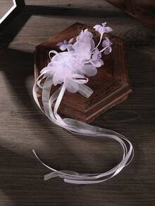1pc Bridal Headpiece With Chiffon Ribbon, Fairy-Like Wedding Hair Accessory For Updo, Hair Clip - 9847 Purple - View 3