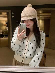 Polka Dot V-Neck Knit Cardigan Slimming Women's Short Sweater, Autumn - Apricot - View 3