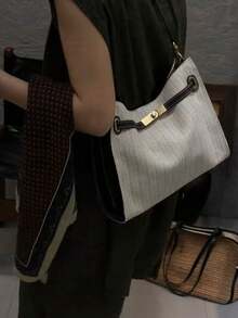 Tote Bag, Minimalist Trapezoid Body With Metal Lock Detail For Refined Look, Detachable Dual Shoulder Straps For Hand-Carry Or Underarm Wear, Moderate Capacity For Daily Essentials, Suitable For Commuting, Shopping, Casual Outings, Effortlessly Creating A Gentle And Timeless Everyday Style - Beige - View 4