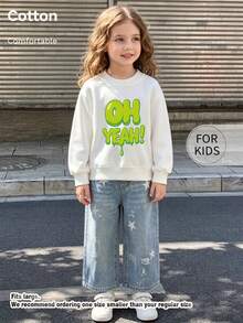 Tween Girl Crew Neck Sweatshirt, Oh Yeah Dripping Green Bubble Letter Graphic Print Soft Cotton Pullover For Tween Girl - White - View 3