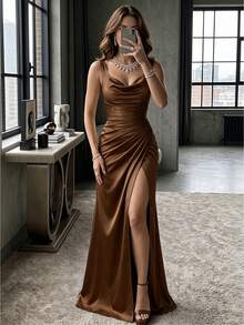 Autumn/Winter Solid Color Satin Halter Neck Sleeveless Fitted Ruched Slit Long Evening Gown, Suitable For Formal Dinner, Party And Celebration - Brown - View 1