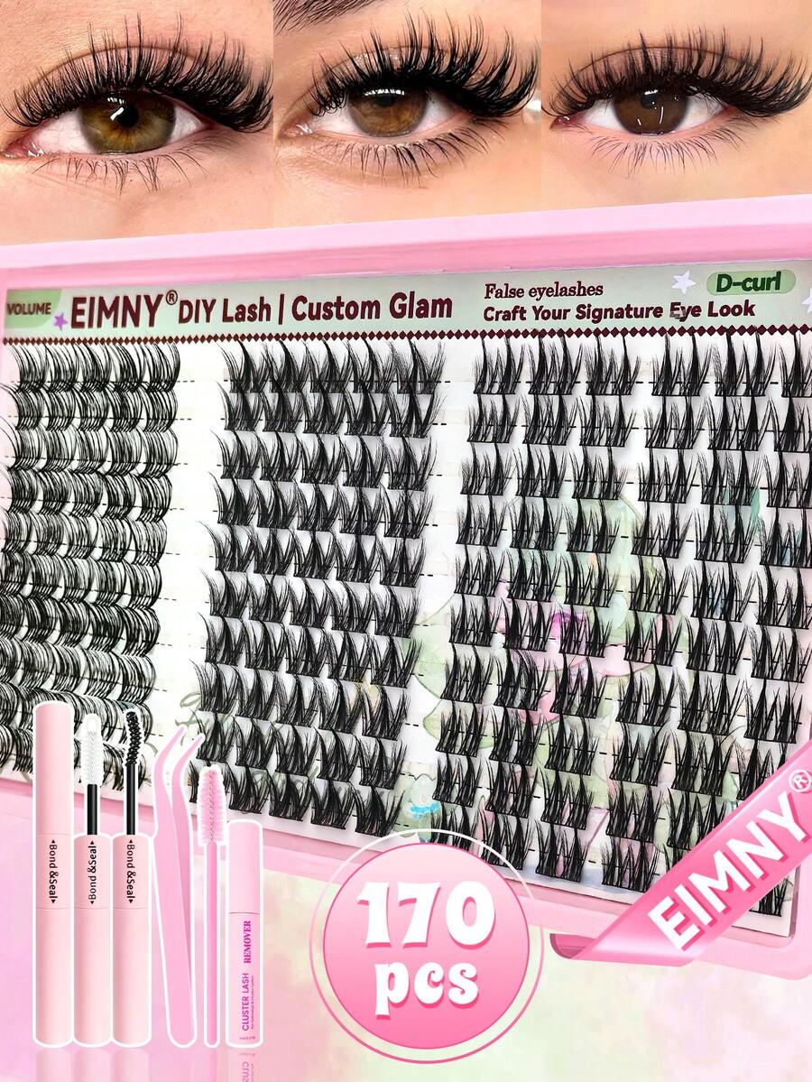 Eimny 170pcs DIY Single Lash Cluster Set 30 Rows Eyelash Extension Kit With Adhesive, Sealing Tweezers And Brush, 3 Styles Natural Spiky And Cartoon Waterproof False Eyelashes Suitable For Daily And Events - Multicolor - View 1
