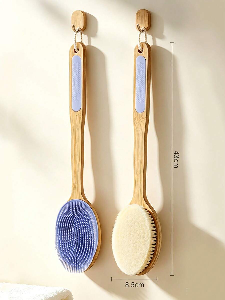 1pc Long Handle Double-Sided Bath Brush, One Side Flocked Bristles And One Side Silicone Brush, Non-Slip Hanging Scrub Brush, Unisex, Long Handle Bathing Tool - Multicolor - View 1