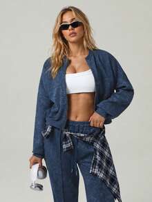 Women's Navy Blue Fashion Pattern Zipper Short Flight Jacket Sweatshirt, Ribbed Hem Long Sleeve Top Outerwear, Suitable For Sports, Fitness, Street Casual, Home Wear - Royal Blue - View 4