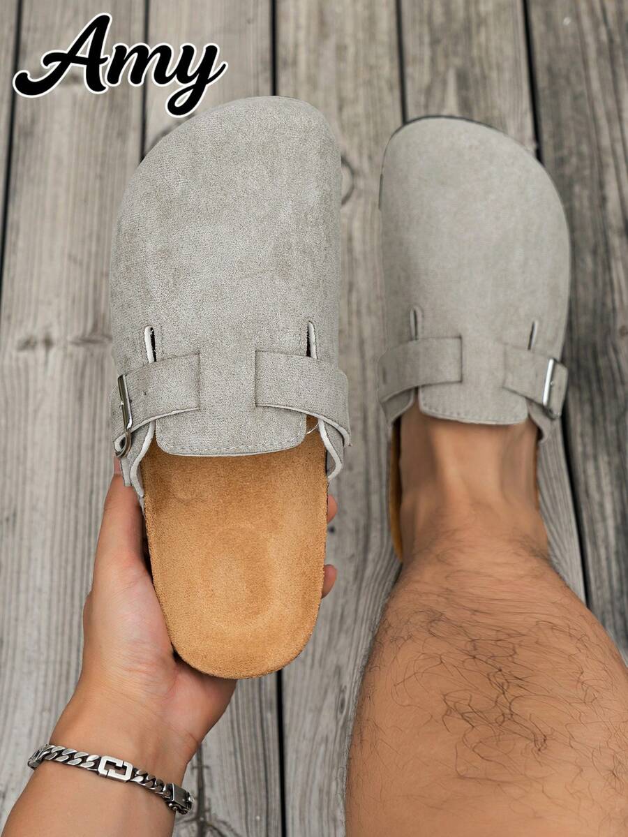 Wide Fit Men's Casual Solid Color Slip-On Mule Shoes, Non-Slip Durable PVC Sole, Round Toe Design, Comfortable Fabric Upper, Suitable For All-Season Outdoor Activities