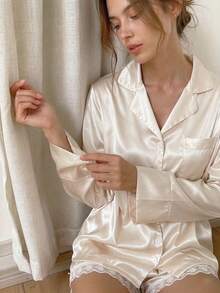 New Autumn Long Sleeve Pajama Set With White Lace Trim Shorts, Elegant Casual Loungewear - White - View 8