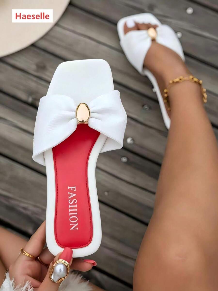 New Women's Flat Square Toe Sandals, Fresh Bow Design, High-End Gold Buckle, Slouchy Slip-On, Mix & Match, Home Spring/Summer Outdoor, Casual Vacation Style Fashion Beach Slides - White - View 1