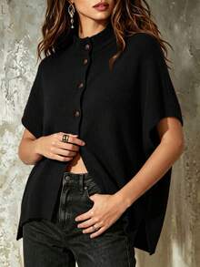 Women's Burgundy Stand Collar Batwing Sleeve Single-Breasted Knit Cardigan, Autumn/Winter Layering, Daily Date French Romantic Style - Black - View 2