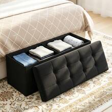 Foldable Linen Look Storage Ottoman Bench With Removable Divider, Tufted Padded Footrest Shoe Changing Stool, Large Capacity Storage Chest For Bedroom Entryway Living Room, Easy Assembly Space‑Saving Home Organizer - Black - View 15