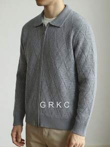 GRKC 秋季開學季針織開襟外套，春秋冬季新款拉鍊前開領長袖落肩男士中性款菱格紋極簡通勤針織素色上衣 - 灰色 - 查看 4