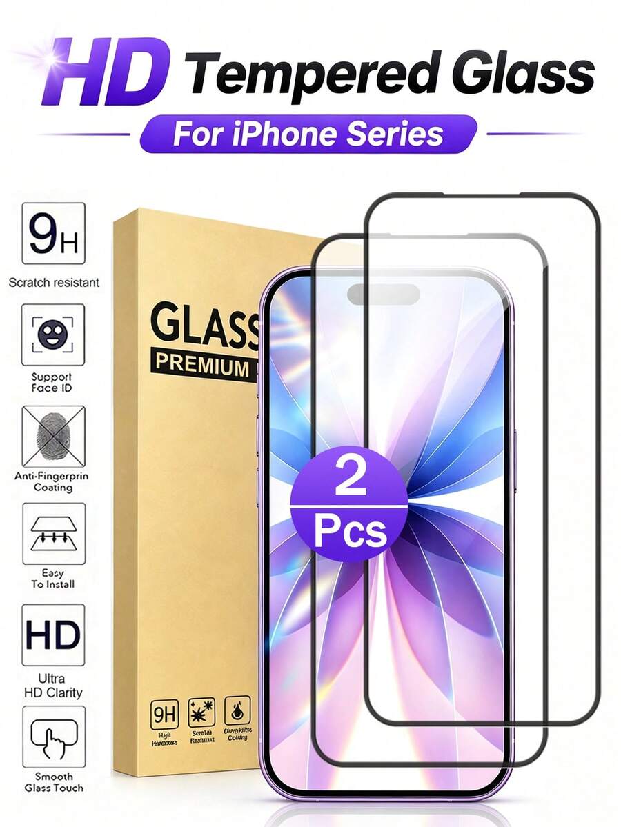 2Pcs HD Tempered Glass Screen Protector, Compatible With IPhone 18 Pro,18 Pro Max,17, 17 Pro, 17 Pro Max, 17 Air, 16, 16 Plus, 16 Pro, 16 Pro Max, 15, 14, 13, 12, 11 Pro Max, X, XS, XR, Mini, 14 Plus, 14, 15 Pro Max And Other Models.9H Hardness, Easy Installation. - Clear - View 1