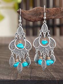TopHanqi 3 Pairs Hollow Tassel Earrings Set, Faux Turquoise Water Drop Geometric Pendant Bohemian Vacation Earrings - Multicolor - View 5