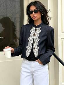 DEEKA Autumn New Women's European And American Style Fashion Minimalist Elegant Versatile Lace Patchwork Short Jacket - Dark Grey - View 3