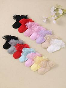 1/5/10 Pairs Random Style Girls Lace Ruffle Socks, Little Girls Autumn Clothing, Autumn Decorative Christmas Halloween Accessories, Baby Essentials Baby Socks - Multicolor - View 6