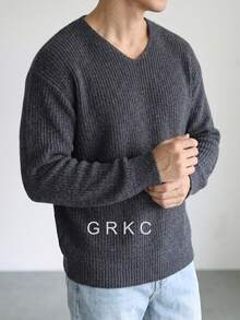 GRKC 秋冬男士歐美街頭風小眾純色羅紋紋理休閒寬鬆圓領針織衫 極簡百搭套頭落肩長袖上衣 - 灰色 - 查看 1