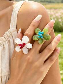2pcs/1pc Fresh Pastoral Style Floral Ring With Contrast Color Bead Petal Design, Niche Accessory - Flower Ring - View 1