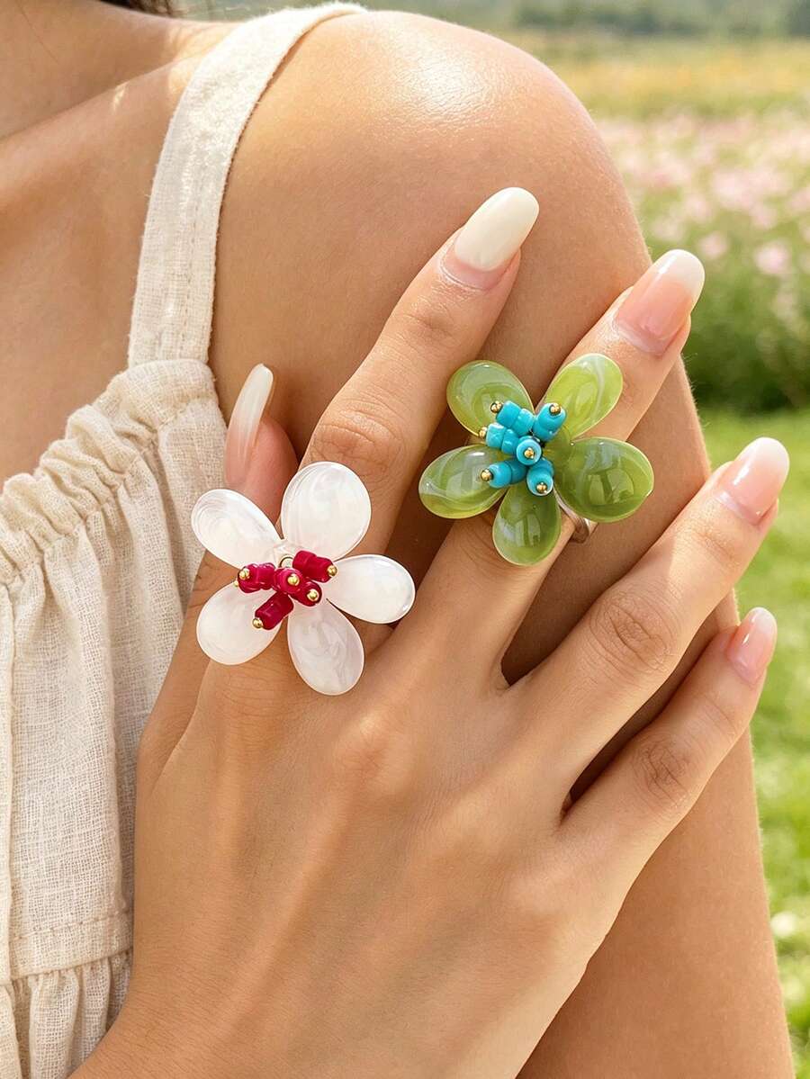 2pcs/1pc Fresh Pastoral Style Floral Ring With Contrast Color Bead Petal Design, Niche Accessory - Flower Ring - View 1
