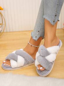 36-45 Plus Size Women's Autumn/Winter Sweet INS Style Pink & White Colorblock Soft Plush Fuzzy Classic Cross-Strap Slip-On Slouchy Mule Slippers, Open Toe Flat Lightweight Comfy Cushion Non-Slip Warm Versatile House Slippers - Grey and White - Double Cross Strap - View 4