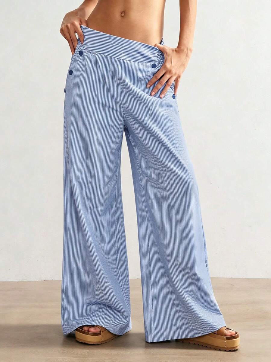 Women Striped Elastic Waist Wide Leg Pants, Button Decor High Rise Loose Trousers, Fall Winter Vacation Casual Daily Outfit - Blue Stripes - View 1