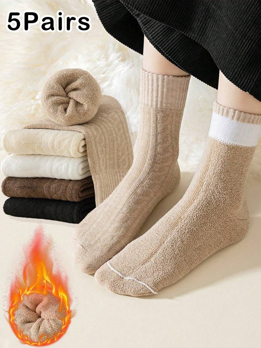 5 Pairs Random Color Fleece Lined Mid-Calf Socks, Autumn/Winter, One Size, Unisex - Multicolor - View 1