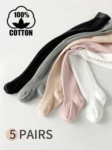 5pcs/Pack Legging Katun Minimalis Bergaris untuk Bayi Perempuan, Balita, Baru Lahir, dan Anak-Anak, Cocok untuk Aktivitas Sehari-hari di Musim Semi dan Gugur - MultiWarna - View 1