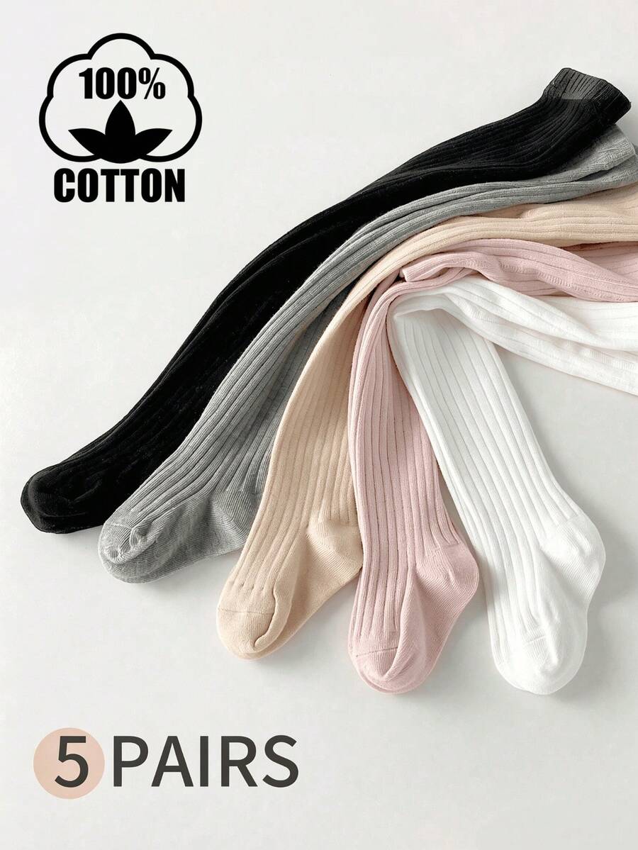 5pcs/Pack Legging Katun Minimalis Bergaris untuk Bayi Perempuan, Balita, Baru Lahir, dan Anak-Anak, Cocok untuk Aktivitas Sehari-hari di Musim Semi dan Gugur - MultiWarna - View 1