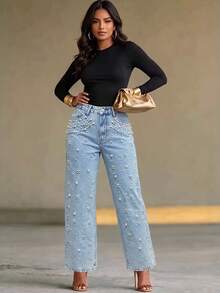 Women's Casual Versatile Denim Jeans With Pockets, Buttons And Faux Pearl Decor - Blue - View 8
