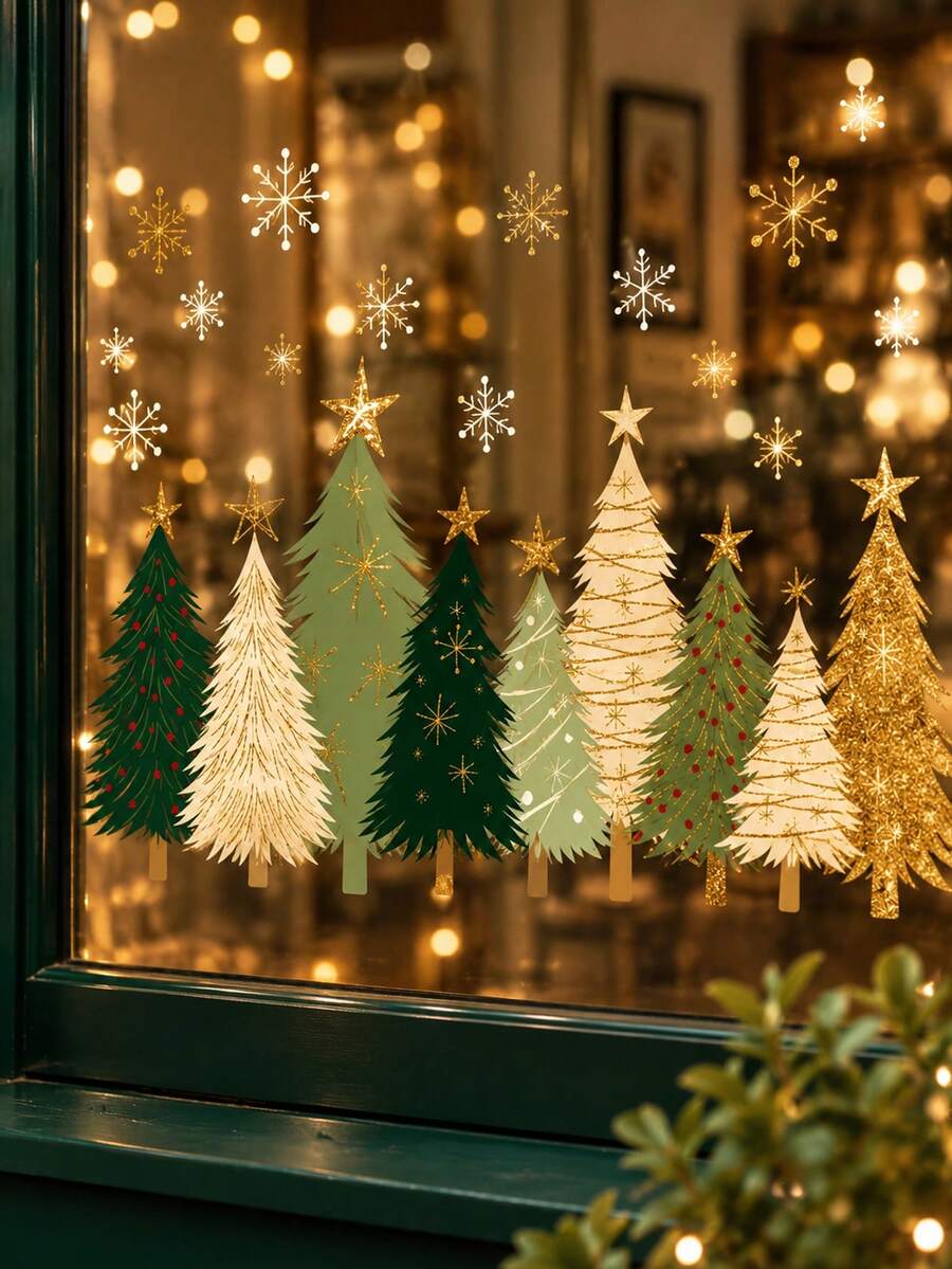 Christmas Window Stickers Decals White Green Gold Christmas Tree Snowflake Reusable Anti-Collision Window Decoration Winter Home Glass Mirror Decoration Room Decor Christmas Decor Christmas Home Decor - Multicolor - View 1