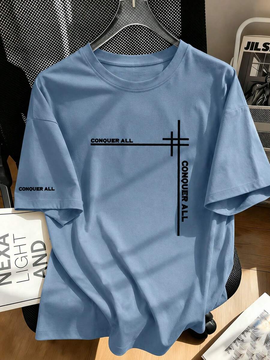 1pc Tween Boy Printed Short Sleeve T-Shirt, Student Youth Clothing, Summer Top For Kids - Dusty Blue - View 1