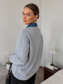 Wixra Denim Collar Patchwork Long Sleeve Knit Sweater, Button Polo Neck Drop Shoulder Loose Casual Knit Top For Fall - Grey - View 2