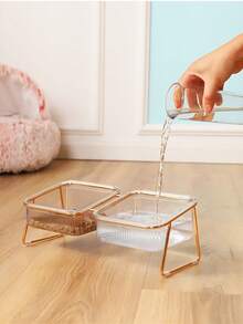 15° Tilted Elevated Double Cat Bowl, Rose Gold Iron Frame Transparent Striped Pet Food & Water Feeder, Neck-Protecting Raised Anti-Slip Anti-Spill Feeding Bowl, Suitable For Cats, Kittens, Small Dogs And Other Pets Home Feeding Set - Large Capacity - View 5