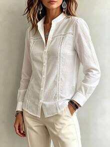Casual Minimalist Charming Fashion Commute Daily Versatile Long Sleeve Stand Collar Blouse, Women White - White - View 4