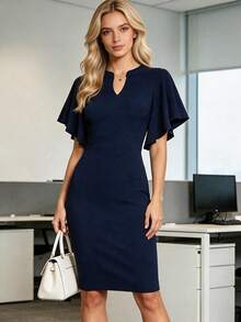 HOMEYEE Women's Elegant V-Neck Cutout Solid Color Ruffle Sleeve Bodycon Dress, Fashion Commuter Style Summer - Navy Blue - View 2
