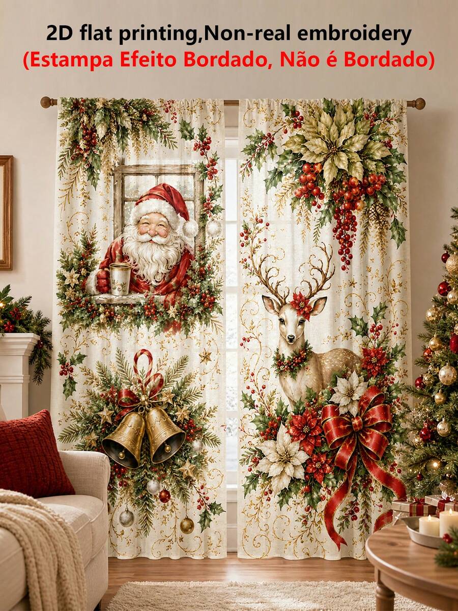 2Pcs Christmas Holiday Curtains, Vintage Reindeer & Santa Claus Print ...
