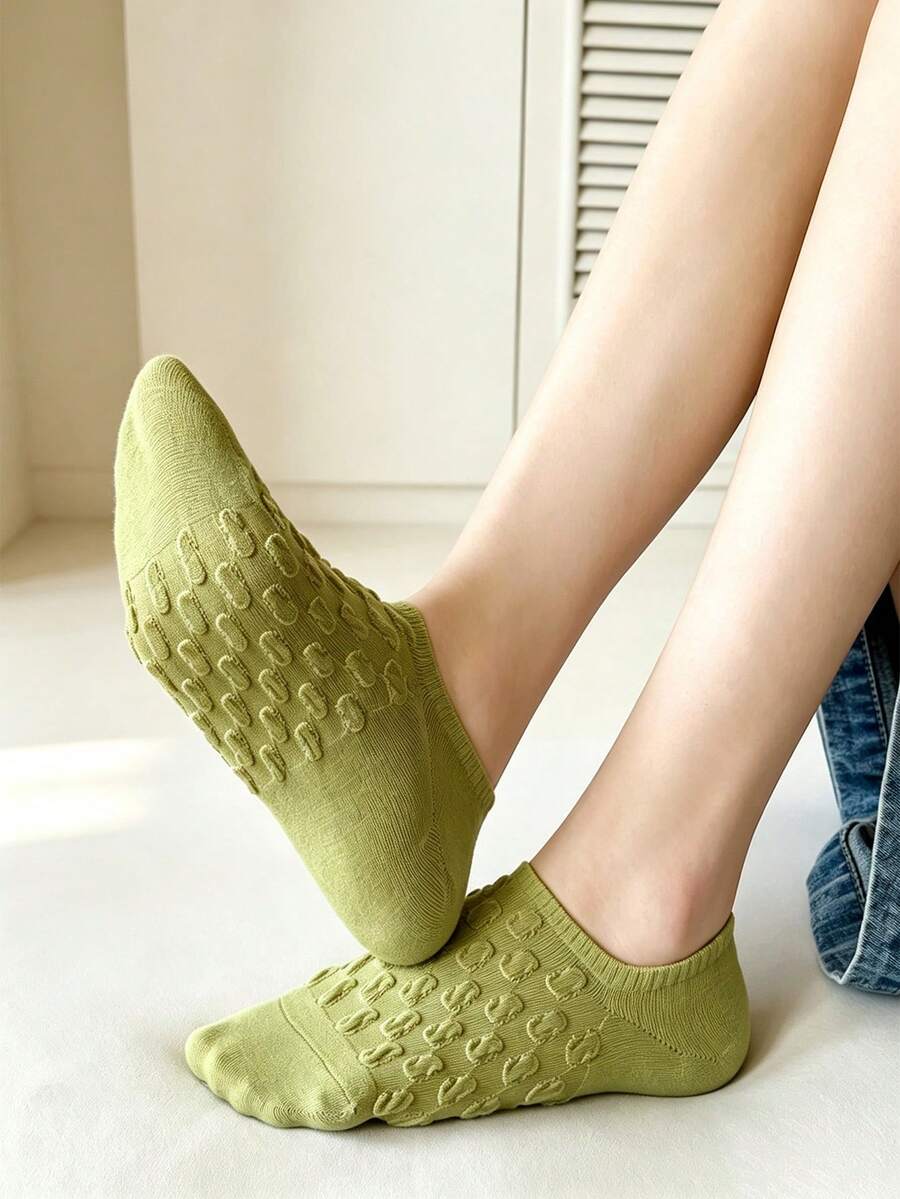 5/10 Pairs Women's Cable Knit Invisible Boat Socks, Solid Color Textured Non-Slip Low-Cut Socks - Multicolor - View 1