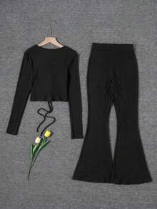 Women's Ribbed High-Quality V-Neck Drawstring Short Long Sleeve Top And High-Waisted Flared Pants 2 Pieces Set, Elegant Casual Thick - Black - View 2