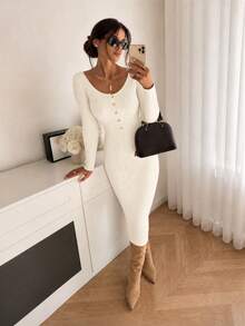 Women's Minimalist Fitted Metal Front Button Design Solid Color Sweater Dress; Autumn/Winter Elegant - White - View 5